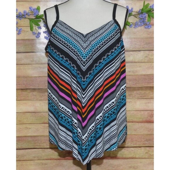 Trimshaper Tankini Top Women's Plus Size 18W Striped Geometric Swimsuit Padded - Picture 1 of 10